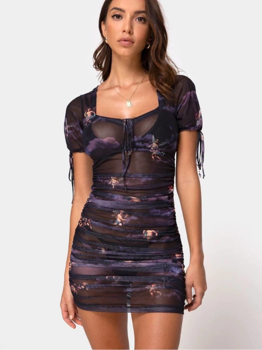 Ruched Sheer Mini Dress in Dark Purple Floral - Picture 3 of 9